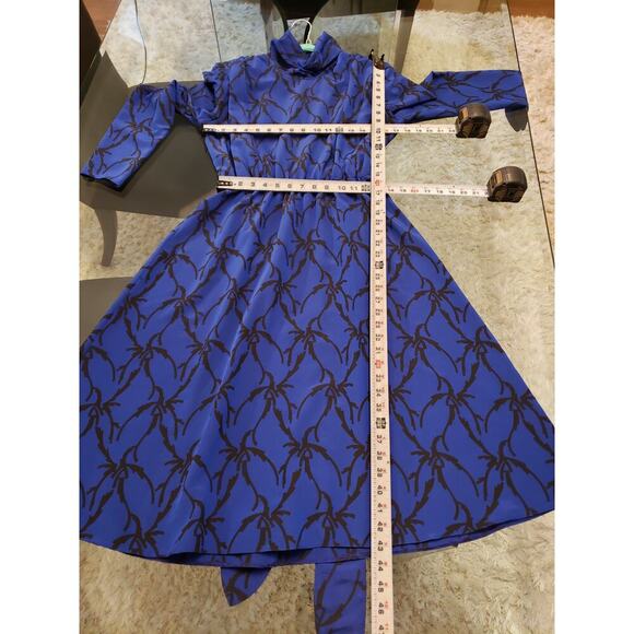 Vintage Caron Chicago Sheath Dress S Blue Patterned Cowl Neck Tie Waist Back Zip - Picture 7 of 12